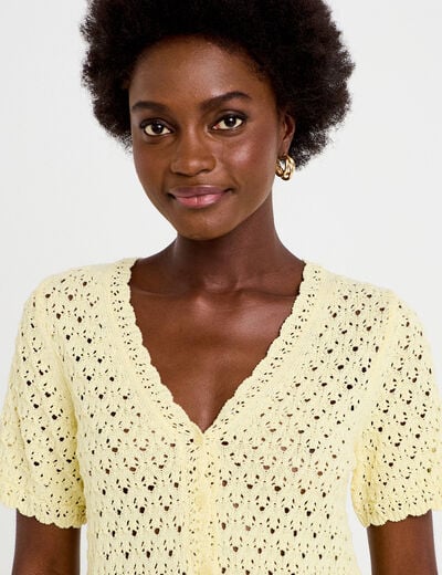 Gilet ajour&eacute; col v manches courtes jaune pastel femme