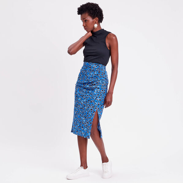Jupe moulante drapée bleu femme