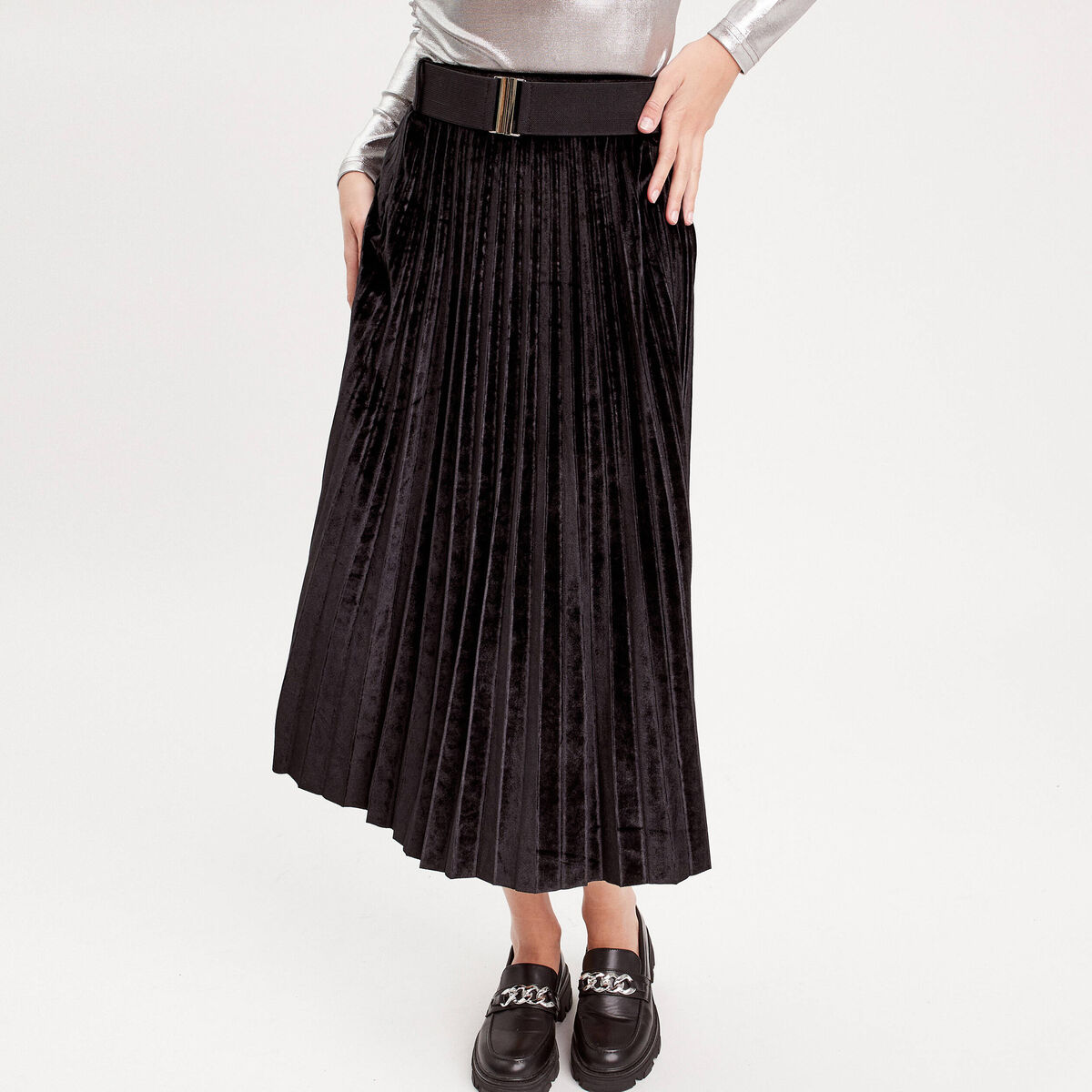 Jupe longue pliss&eacute;e velours noir femme