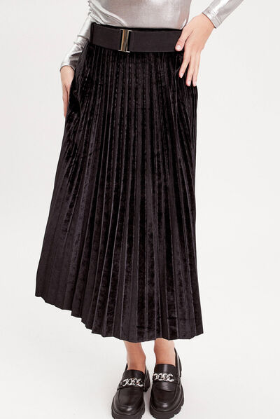 Jupe longue plissée velours noir femme