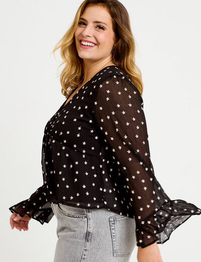 Blouse brod&eacute;e volant&eacute;e noir femme