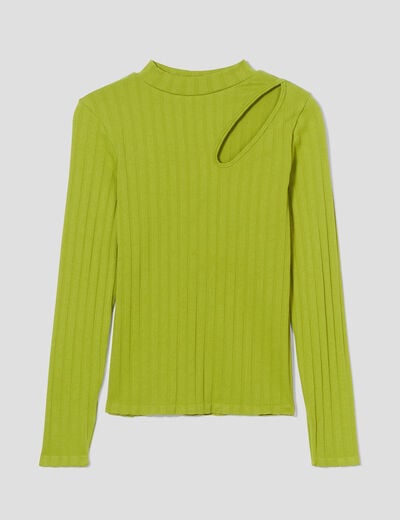 T-shirt côtelé avec ouverture vert anis femme