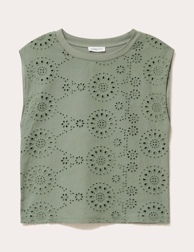 T-shirt sans manches brodé vert kaki femme