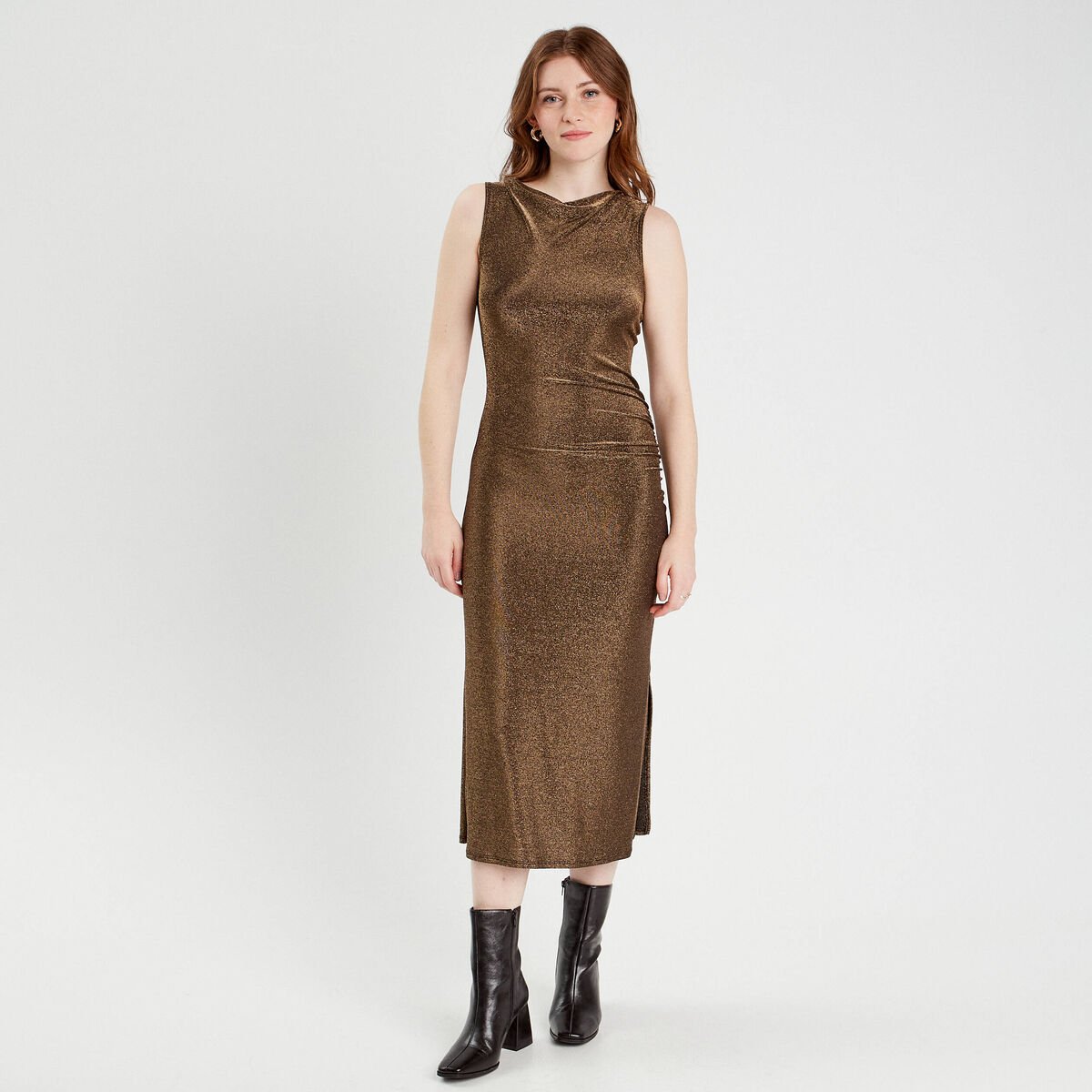 Robe longue ajustée couleur or femme