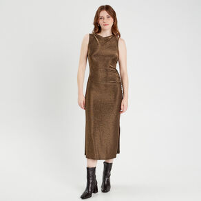 Robe longue ajustée couleur or femme
