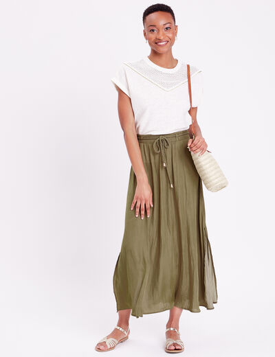 Jupe longue évasée satin vert kaki femme