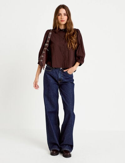 Chemise droite col classique manches 3/4 marron fonc&eacute; femme