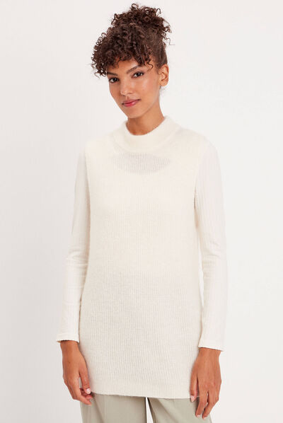 Pull sans manches col roulé ecru femme
