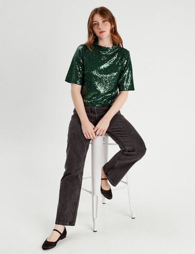 T-shirt sequins col montant vert foncé femme
