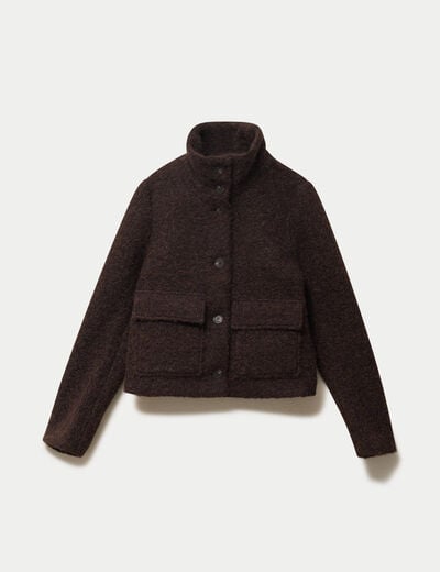 Veste droite bouclette col montant marron fonc&eacute; femme