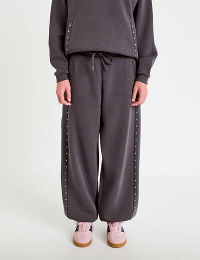Jogging &agrave; d&eacute;tails clout&eacute;s taille basse gris fonc&eacute; femme