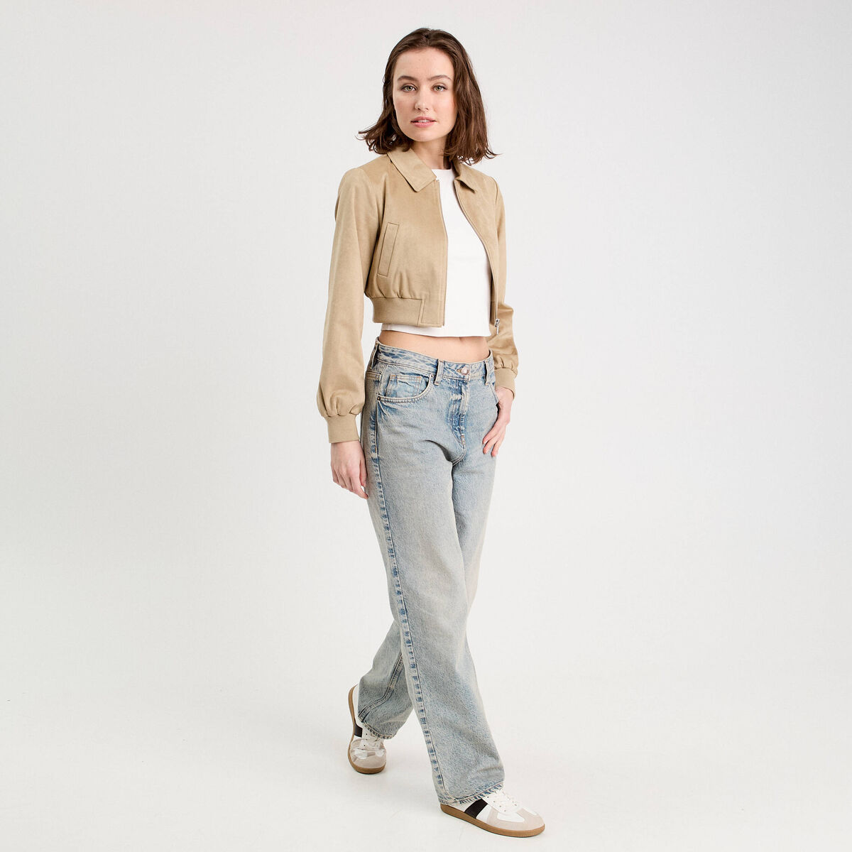 Veste courte zipp&eacute;e su&eacute;dine beige femme