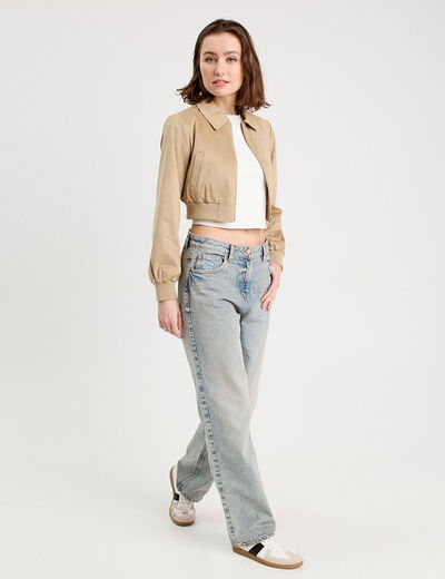 Veste courte zippée suédine beige femme