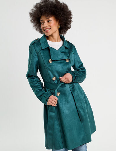 Trench long cintré suédine bleu canard femme