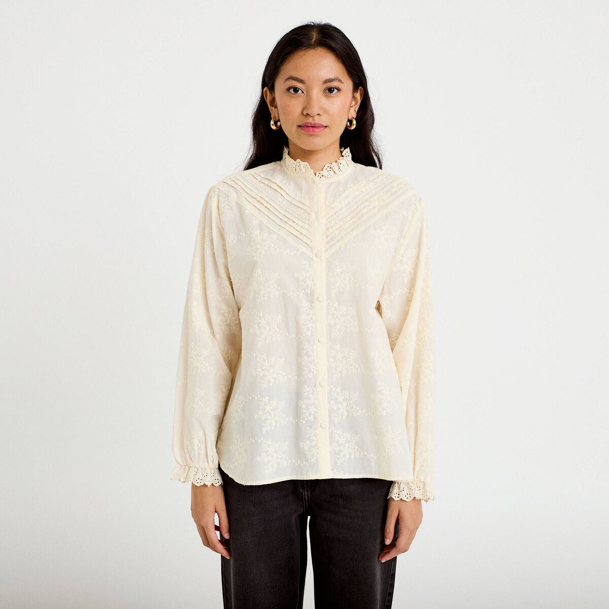 Blouse ample col montant manches longues ivoire femme