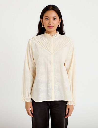 Blouse ample col montant manches longues ivoire femme