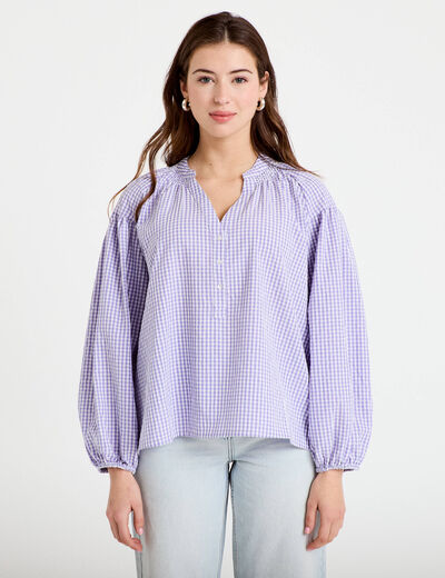 Blouse vichy brod&eacute;e violet femme