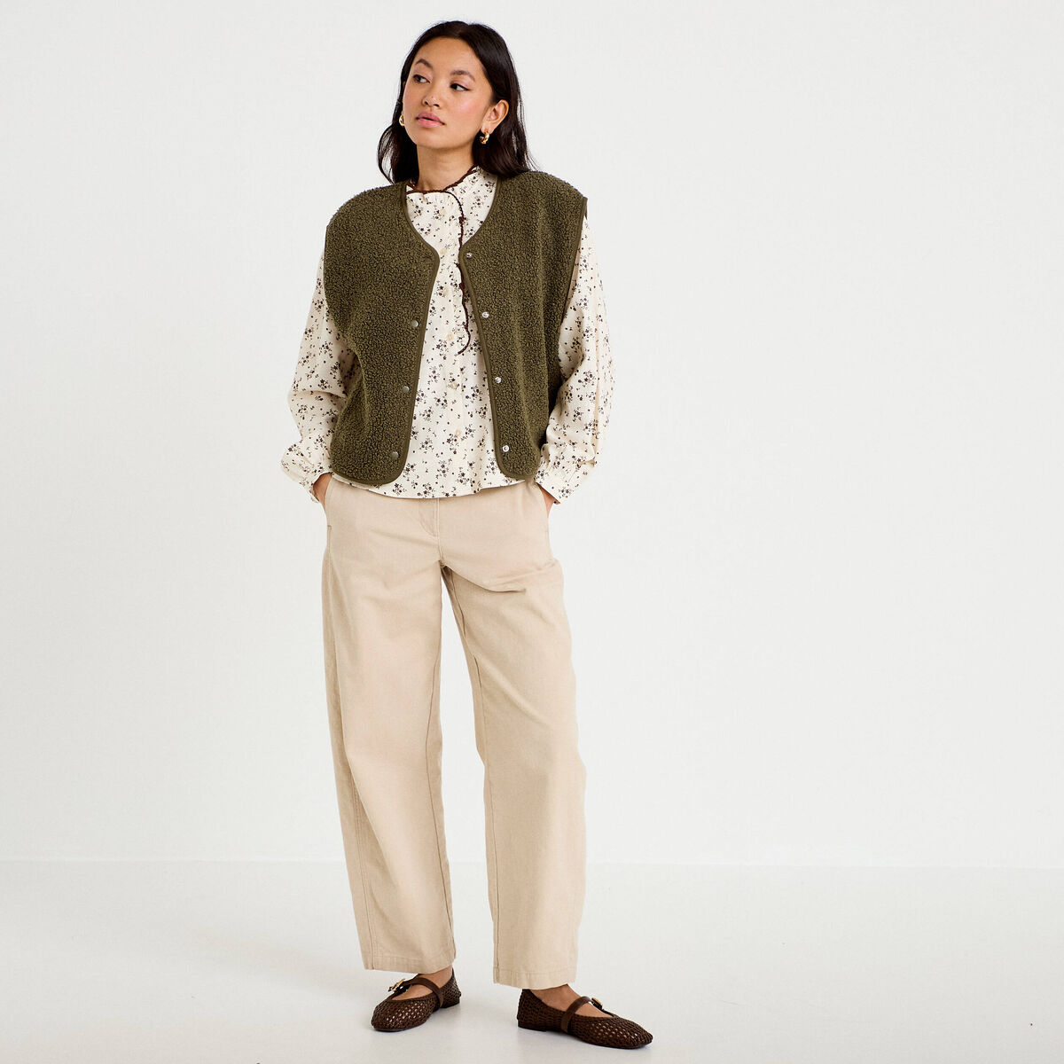 Gilet sans manches effet polaire vert kaki femme