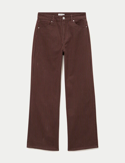 Jean wide leg ray&eacute; taille haute marron femme