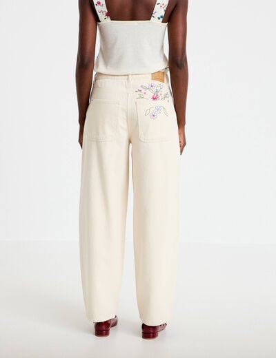 Jeans barrel broderie taille basse ecru femme