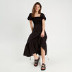 Robe longue évasée smockée noir femme