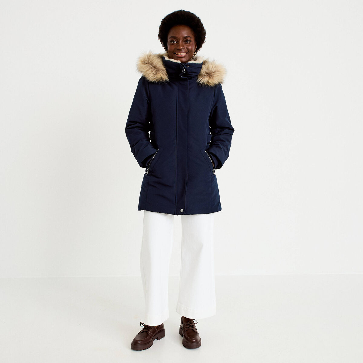 Parka &agrave; capuche fausse fourrure bleu marine femme