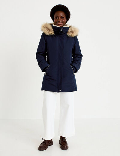 Parka &agrave; capuche fausse fourrure bleu marine femme