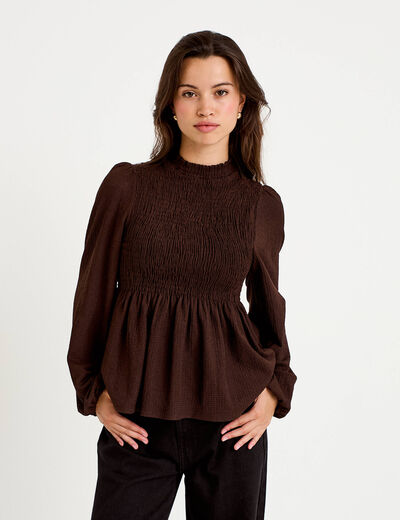 Blouse droite manches longues pliss&eacute;e marron fonc&eacute; femme