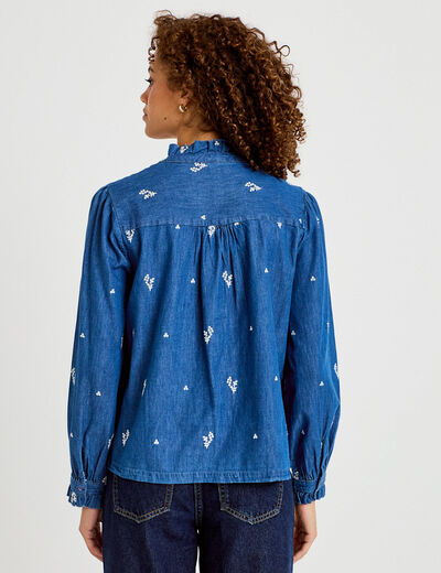 Chemise droite en jean col montant blanc femme