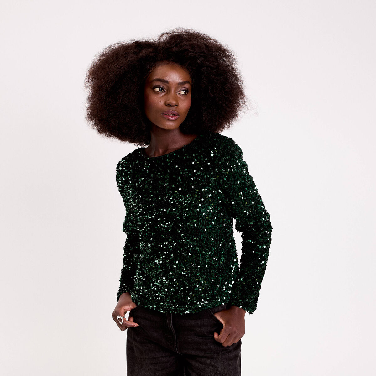 Blouse &agrave; sequins dos nou&eacute; vert fonc&eacute; femme