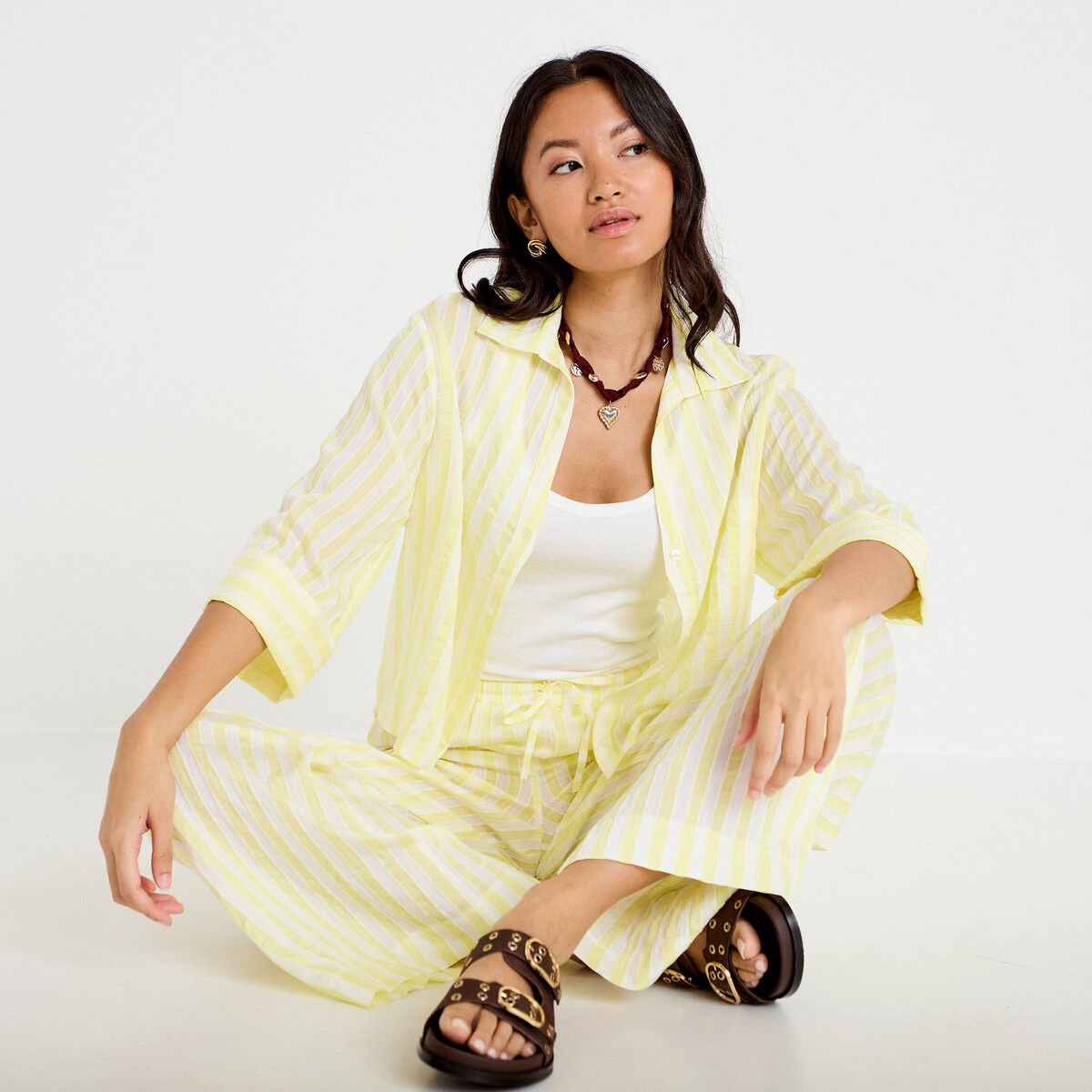 Blouse ample col tunisien manches 3/4 jaune femme