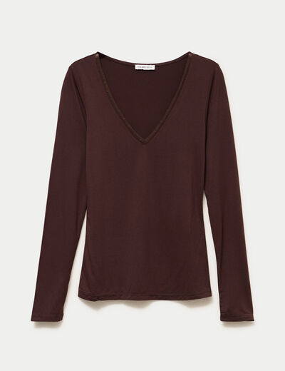 T-shirt thermique col en V plumetis marron fonc&eacute; femme