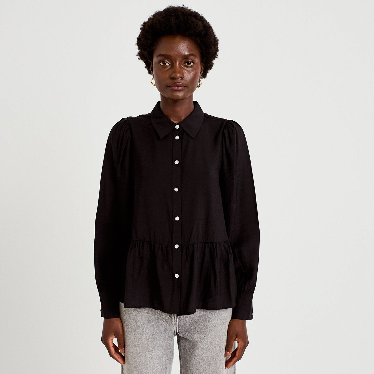 Chemise droite pliss&eacute;e col am&eacute;ricain noir femme