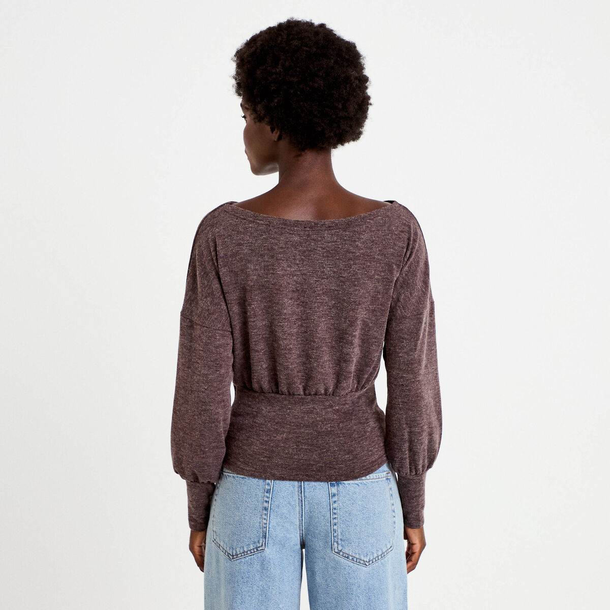 Pull col bateau manches longues marron fonc&eacute; femme
