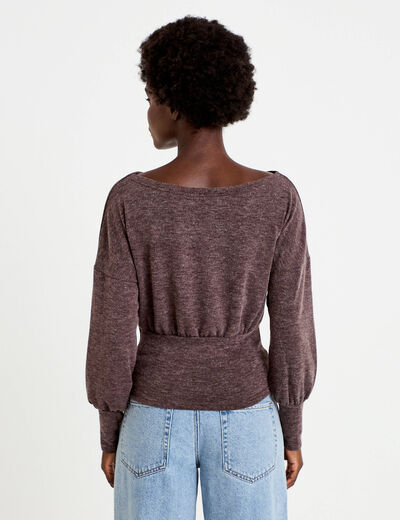 Pull col bateau manches longues marron fonc&eacute; femme