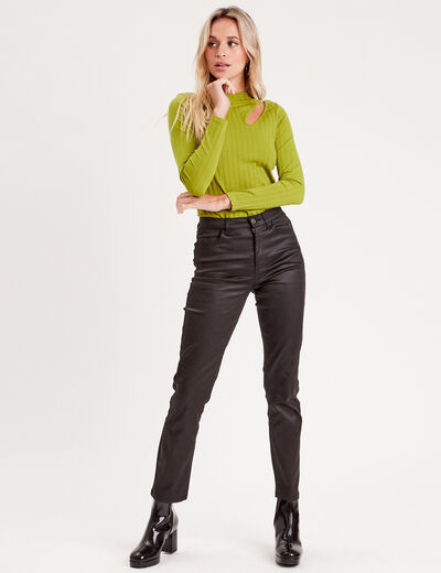 T-shirt côtelé avec ouverture vert anis femme