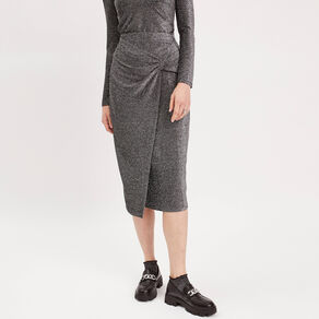 Jupe midi moulante drapée gris argent femme