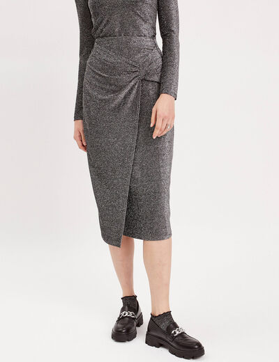 Jupe midi moulante drapée gris argent femme