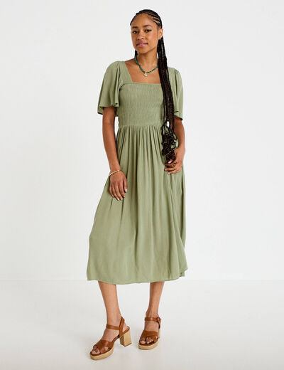 Robe &eacute;vas&eacute;e manches courtes 3/4 vert kaki femme