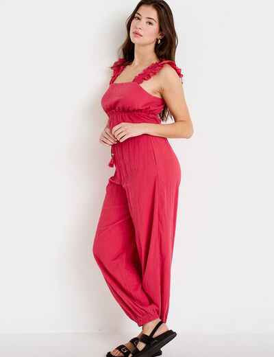 Pantalon large taille haute pliss&eacute; rose framboise femme