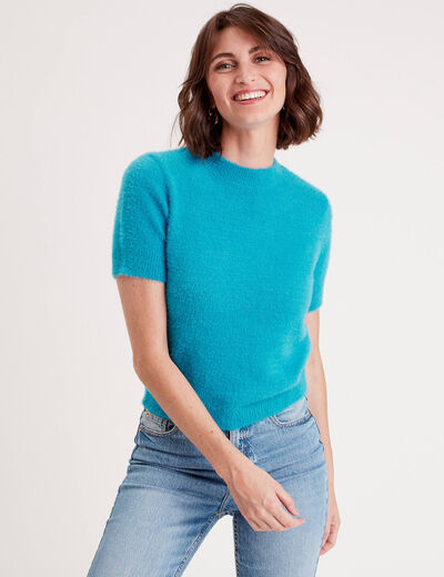 Pull manches courtes bleu femme