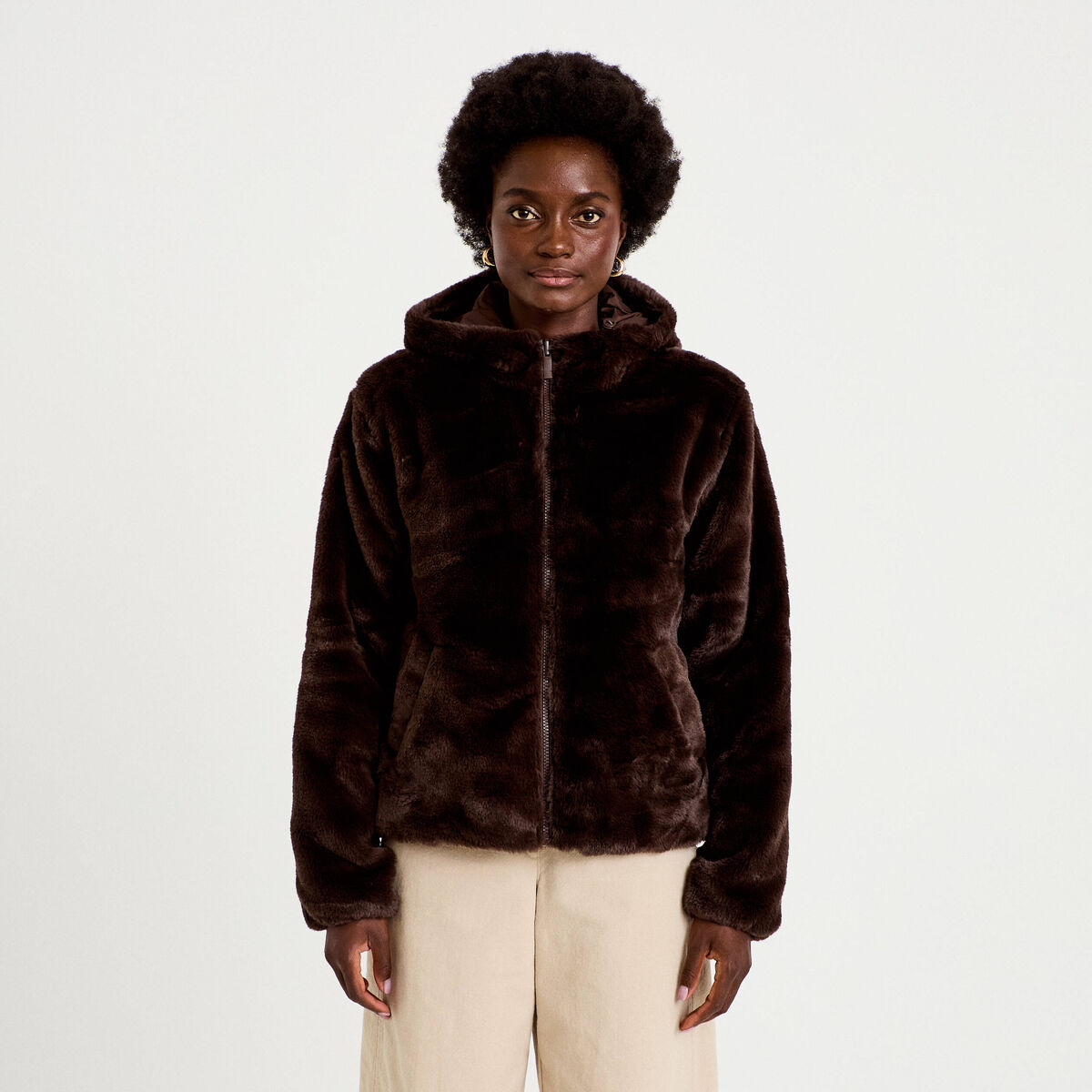 Parka r&eacute;versible &agrave; capuche marron fonc&eacute; femme