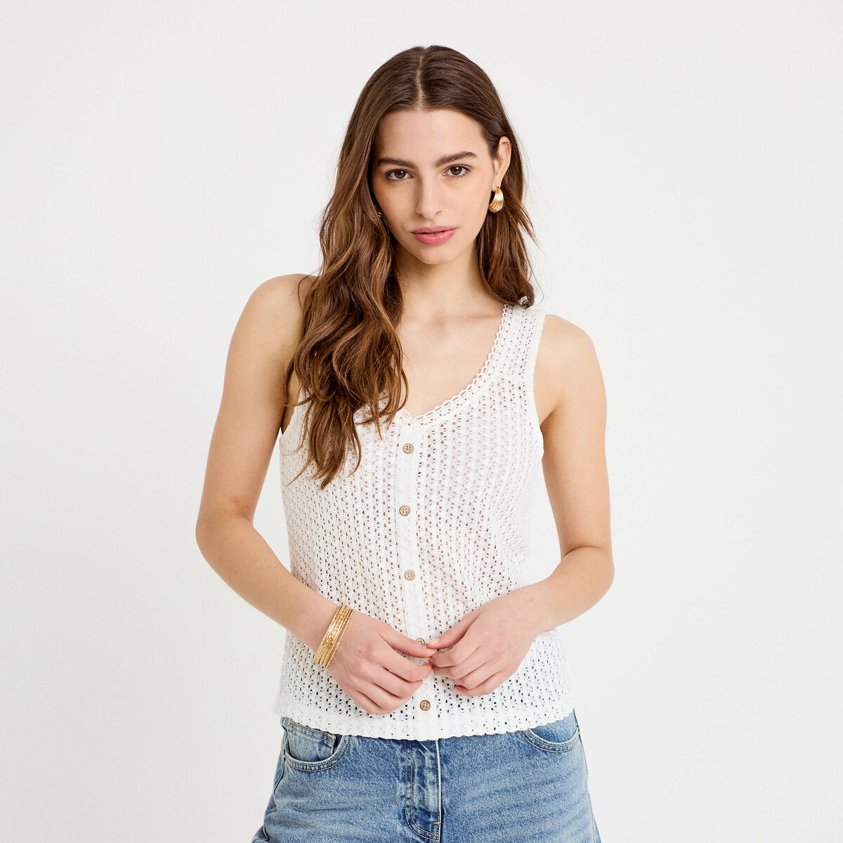 D&eacute;bardeur ajour&eacute; aspect dentelle col v ecru femme