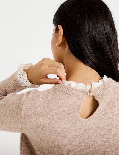 Robe pull ajust&eacute;e col rond dentelle taupe femme