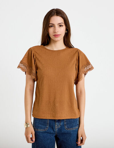 T-shirt col rond manches courtes beige femme