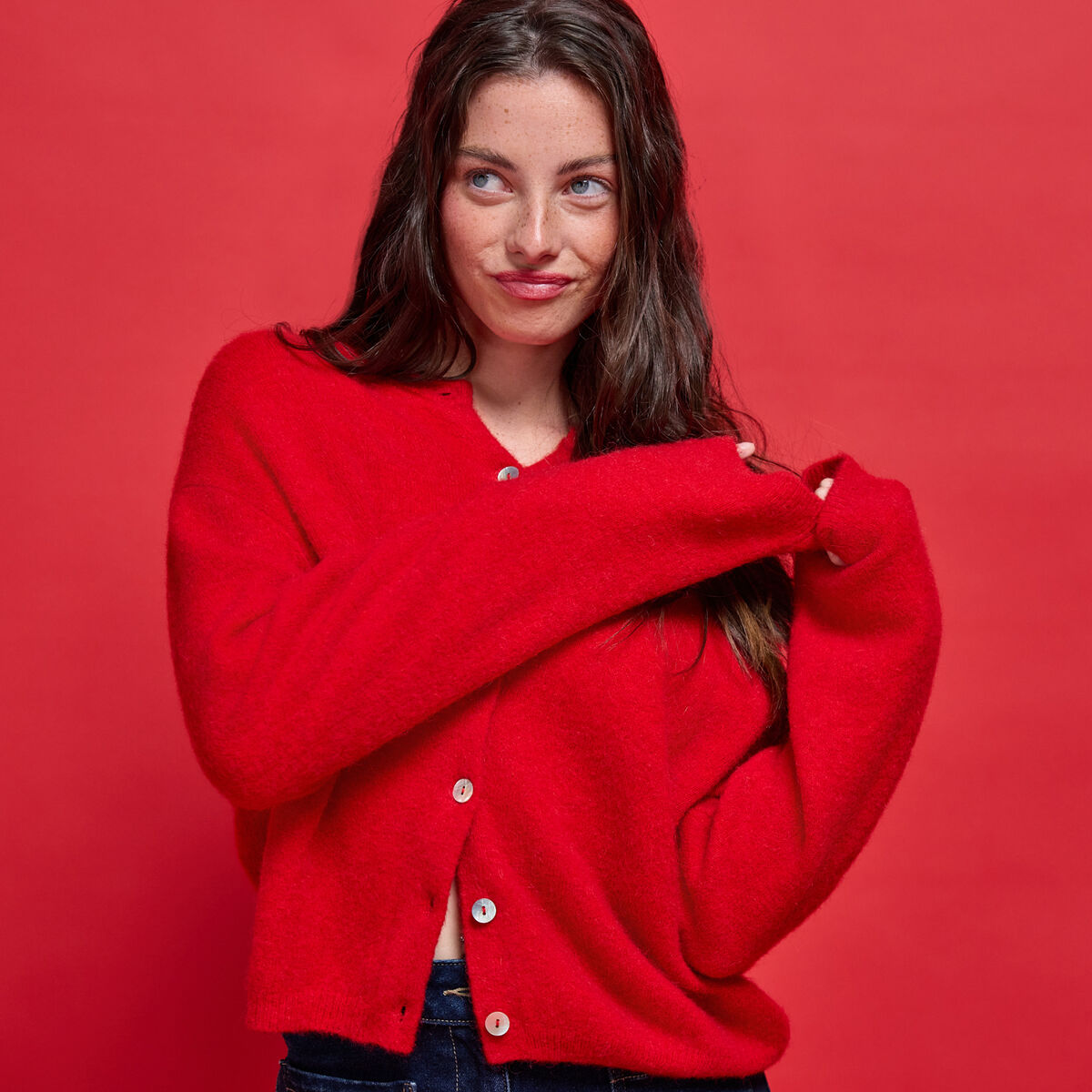 Gilet manches longues rouge femme