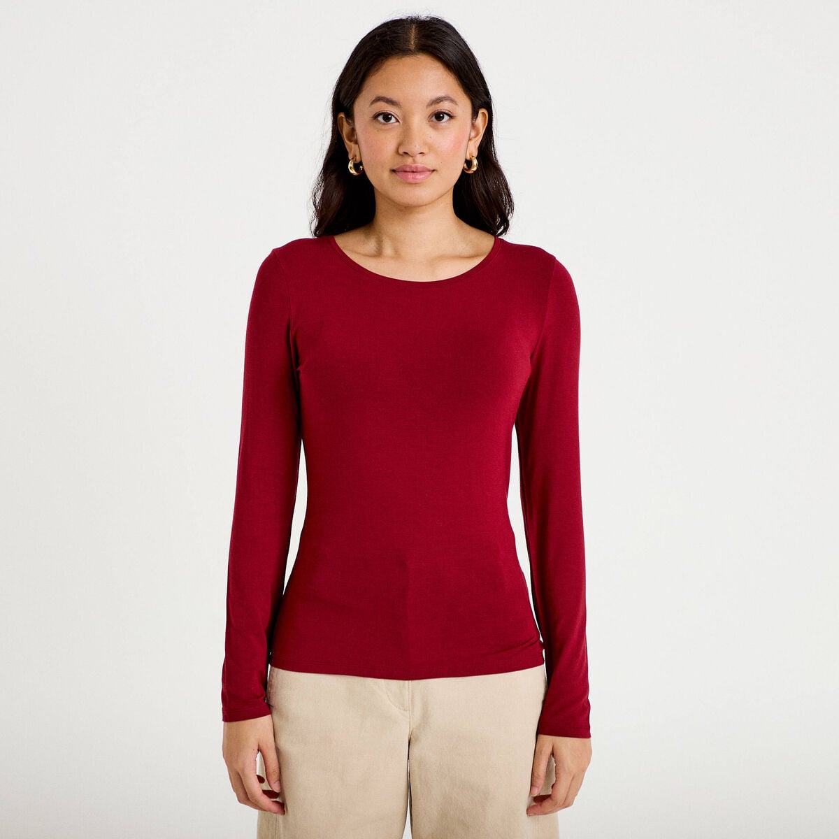 T-shirt uni &agrave; manches longues rouge femme