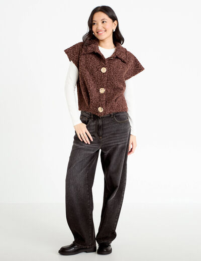 Veste sans manches bouclette col rond marron clair femme