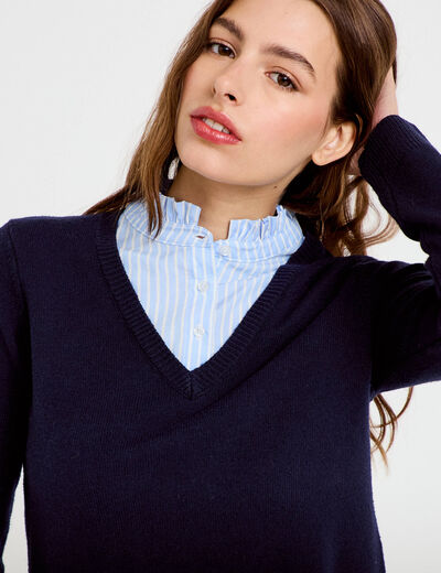 Pull 2-en-1 chemise bleu marine femme