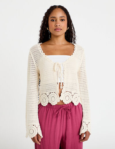 Gilet col v manches longues avec noeuds ecru femme